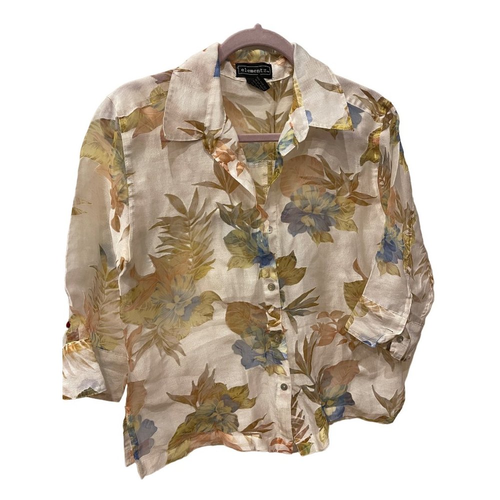 Elementz Sheer Floral Blouse 3/4 Sleeve Button Down Shirt Top Cream Size M